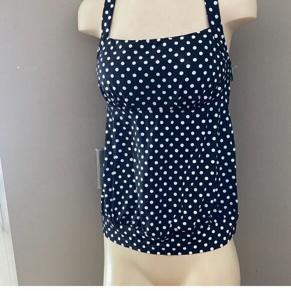 Land's End Tankini Blouson Racer Back polkadot black white soft cup Swim Top 8P - Picture 1 of 5